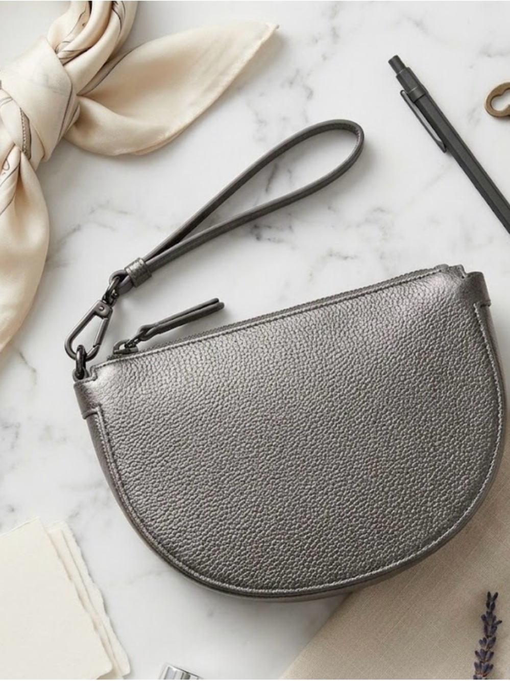 Talbots Pewter Silver Half Moon Leather Clutch